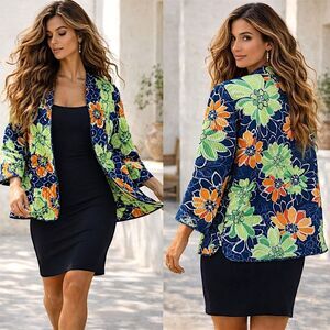 Tropical Coastal Sz 10 Lightweight Open Rib Jacket Bold Floral European Summer
